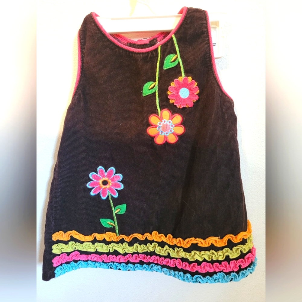 Rare too! Dark brown corduroy embroidered flowers dress, 24 months